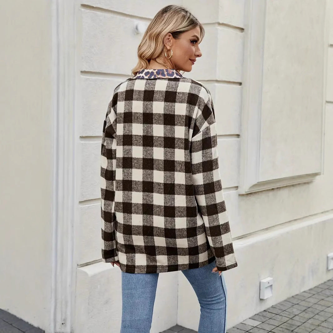 Veste à manches longues à carreaux contrastés et imprimé léopard
