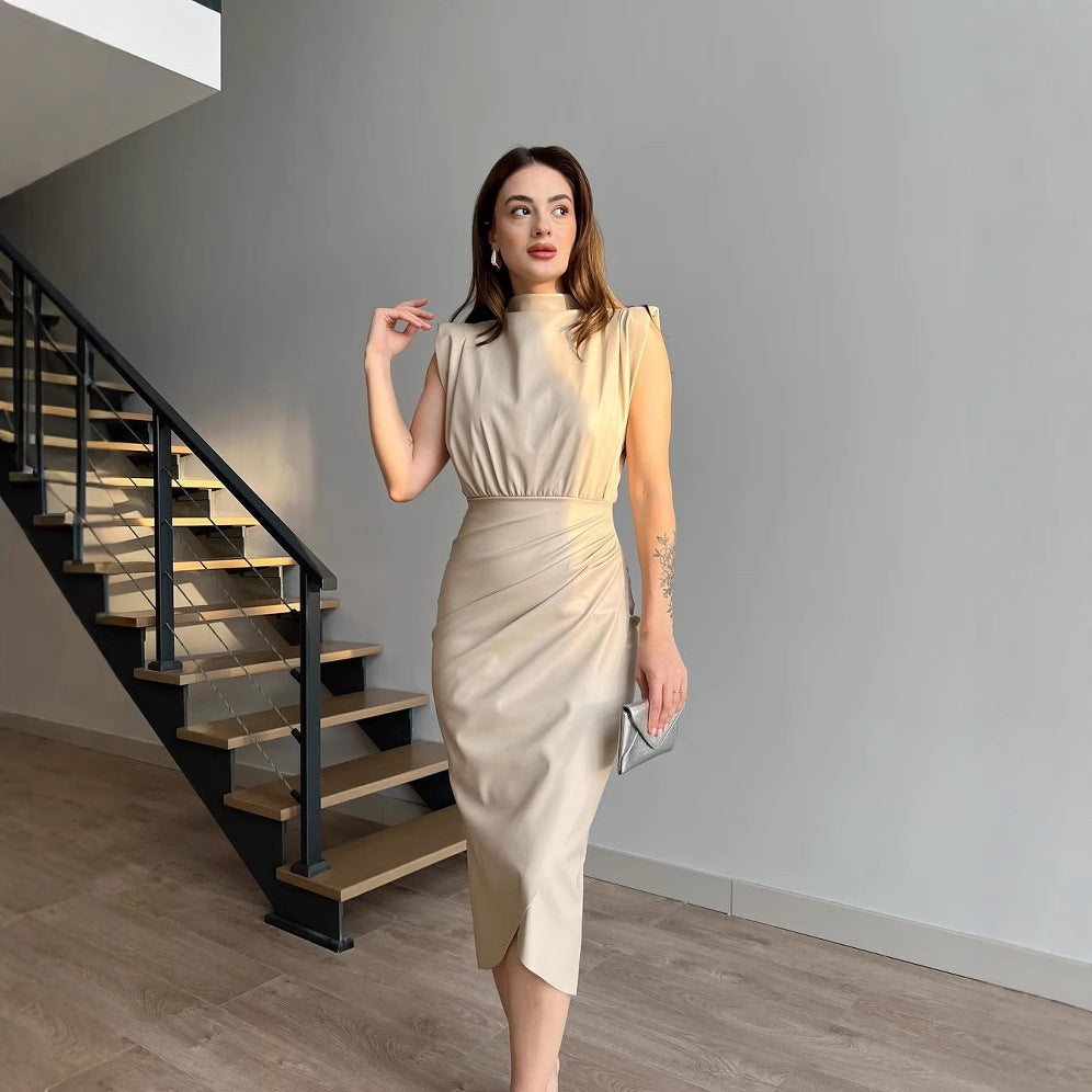 Robe moulante plissée taille haute, couleur unie