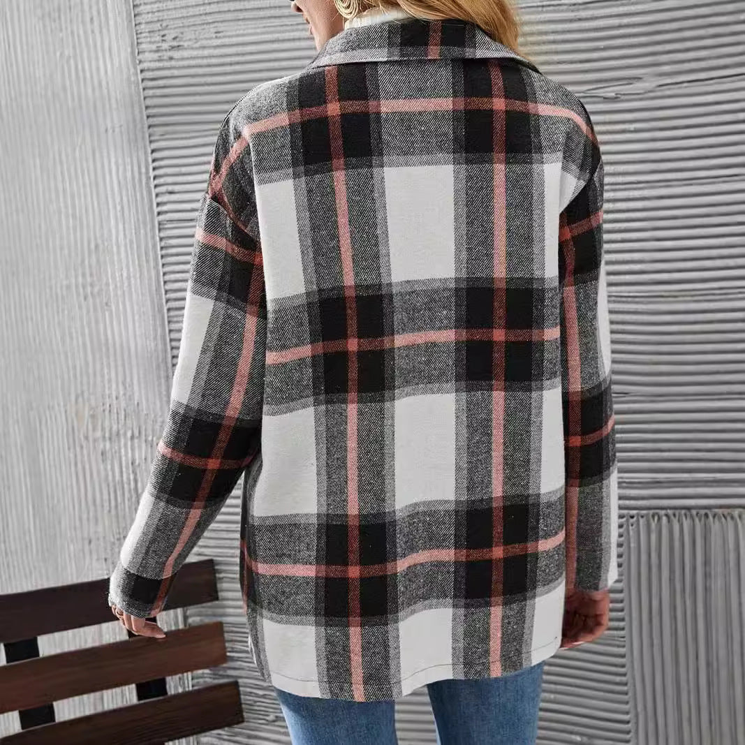 Veste ample à carreaux pour femme à manches longues et épaules tombantes, à revers, décontracté