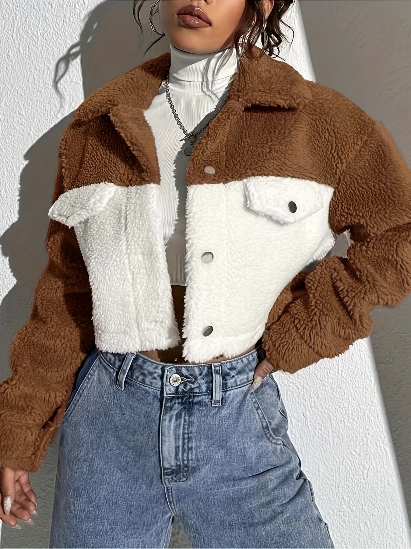 Manteau décontracté en peluche composite à col rabattu