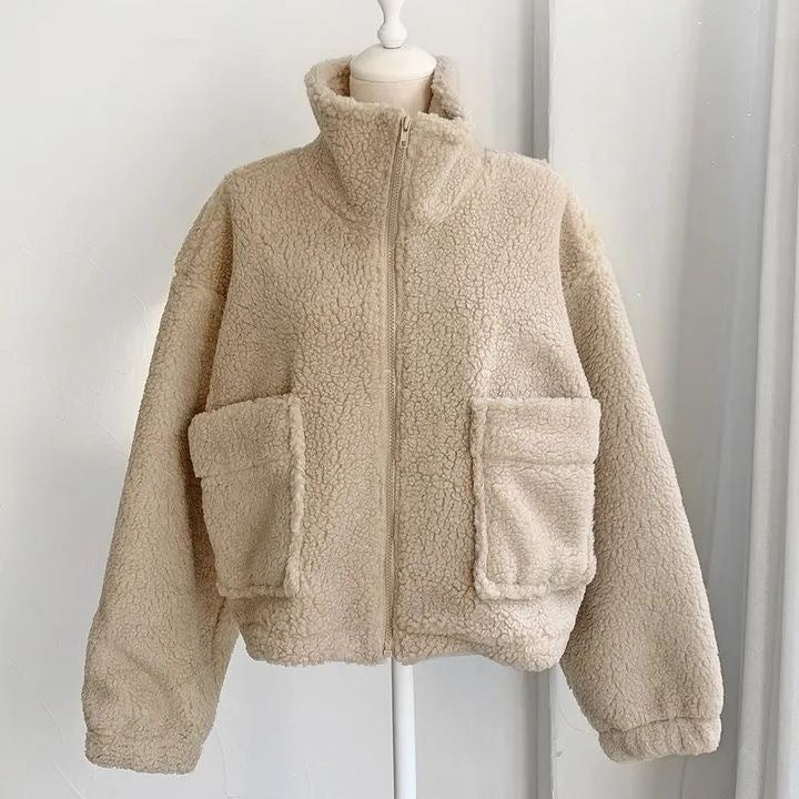 Manteau chaud épais et assorti à col roulé rétro avec fermeture éclair et grandes poches