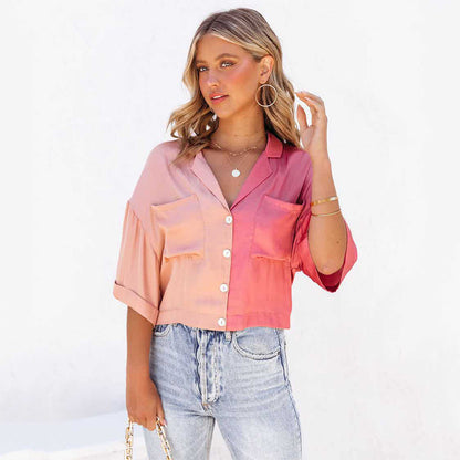 Chemise à manches mi-longues et contraste de couleurs tendance