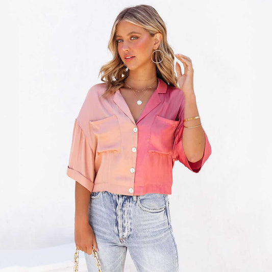 Chemise à manches mi-longues et contraste de couleurs tendance