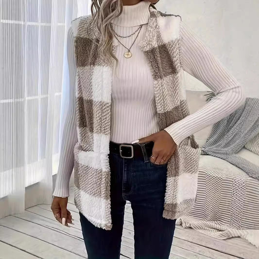 Veste décontracté à carreaux et poches en peluche