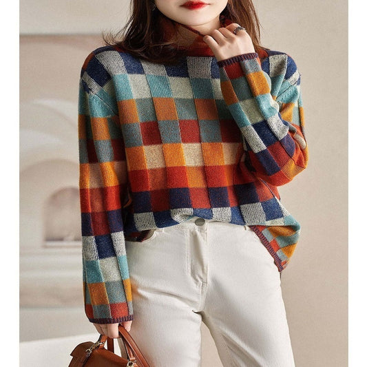 Pull à col roulé à carreaux colorés pour femme, coupe décontractée et flatteuse