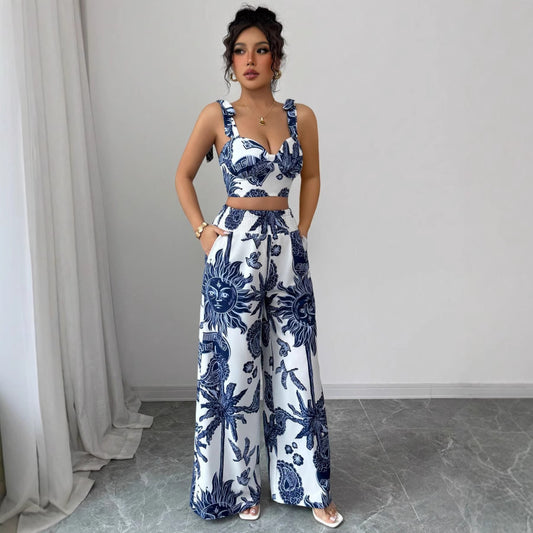 Ensemble à bretelles et col en V, pantalon ample