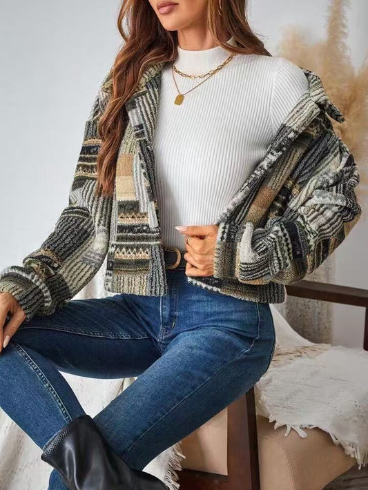 Veste imprimé double face à boutons en peluche, décontracté