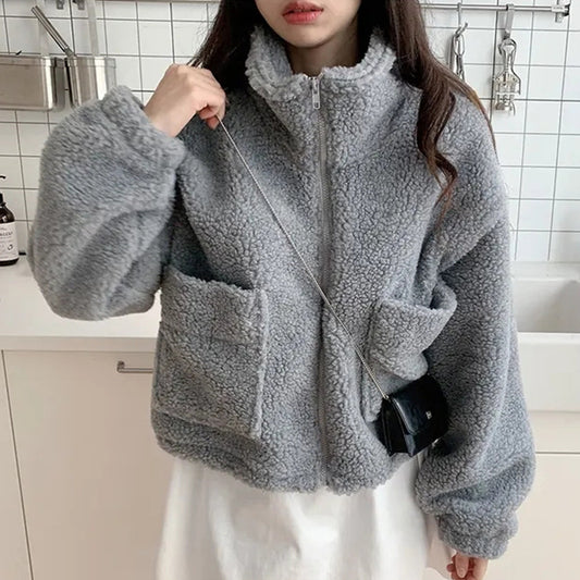 Manteau chaud épais et assorti à col roulé rétro avec fermeture éclair et grandes poches