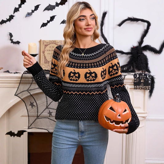 Pull rétro brodé citrouille d'Halloween