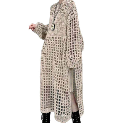 Robe ample en maille creuse à col rond et pull à fente haute