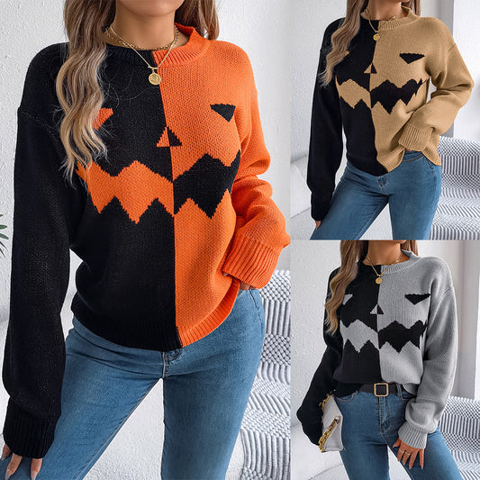 Pull contrastée motif citrouille fantôme