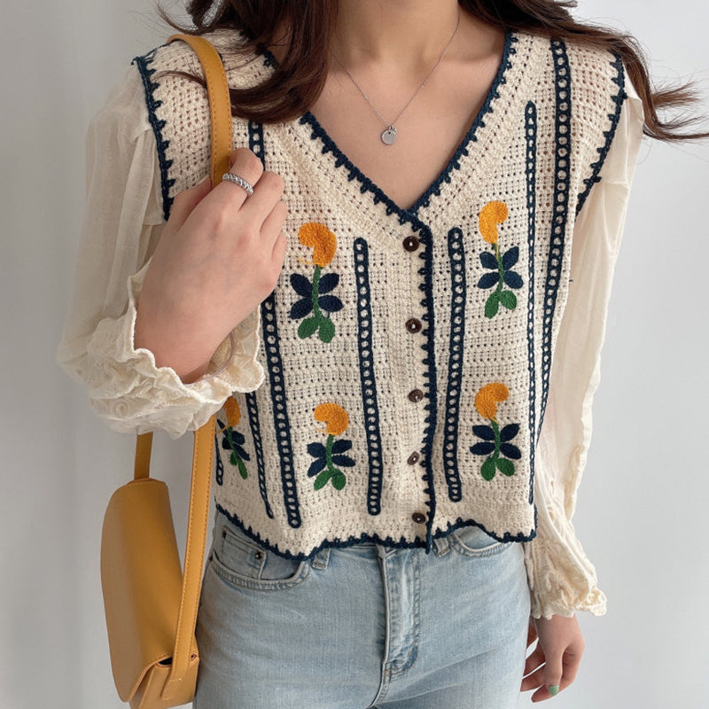 Chemises à manches longues en tricot brodé de fleurs