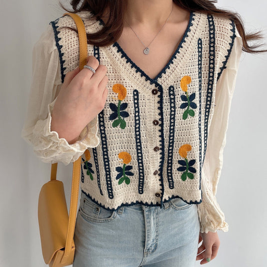 Chemises à manches longues en tricot brodé de fleurs
