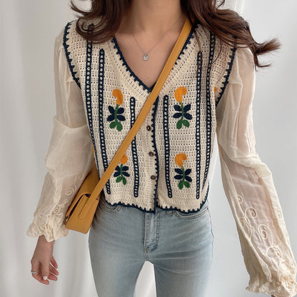 Chemises à manches longues en tricot brodé de fleurs