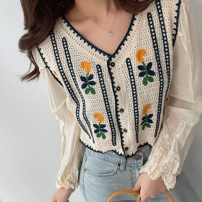 Chemises à manches longues en tricot brodé de fleurs