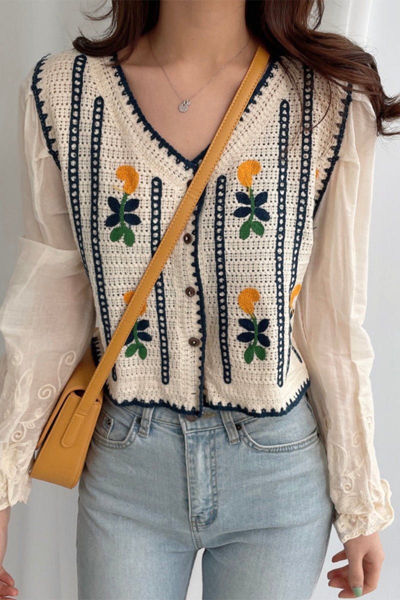 Chemises à manches longues en tricot brodé de fleurs