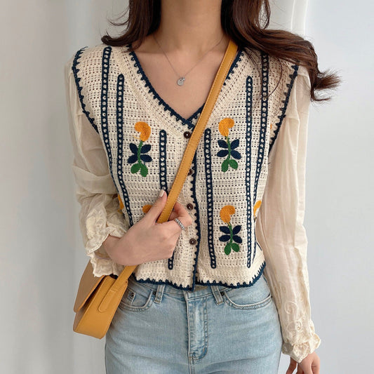 Chemises à manches longues en tricot brodé de fleurs