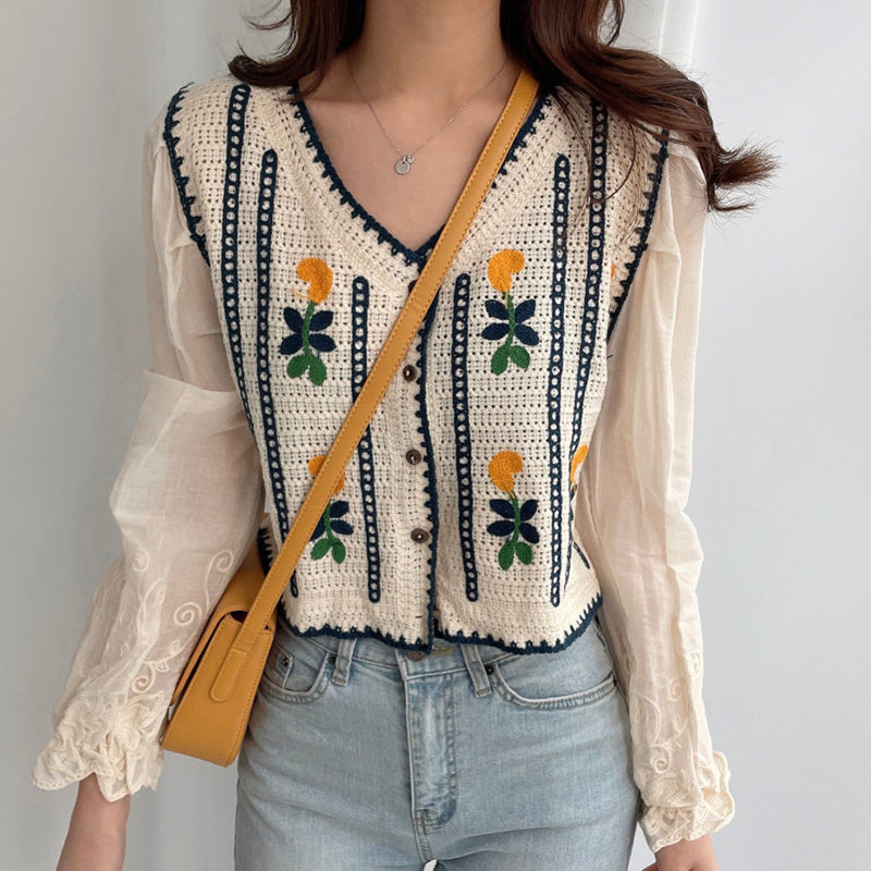 Chemises à manches longues en tricot brodé de fleurs