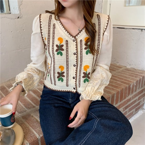 Chemises à manches longues en tricot brodé de fleurs