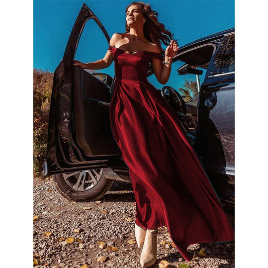 Robe longue vintage à col en V et couleur unie