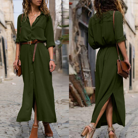 Robe chemise ample à manches longues et ourlet fendu