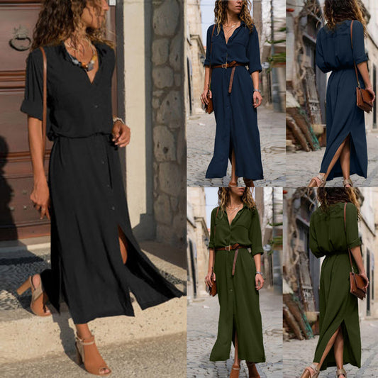 Robe chemise ample à manches longues et ourlet fendu