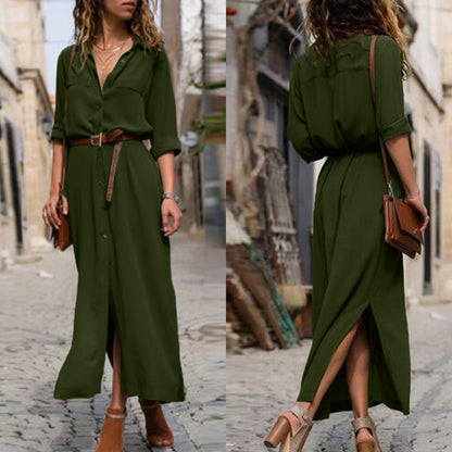 Robe chemise ample à manches longues et ourlet fendu