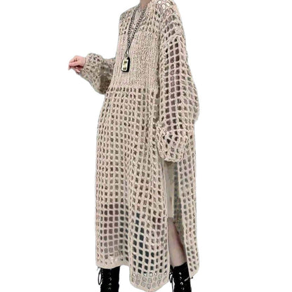 Robe ample en maille creuse à col rond et pull à fente haute
