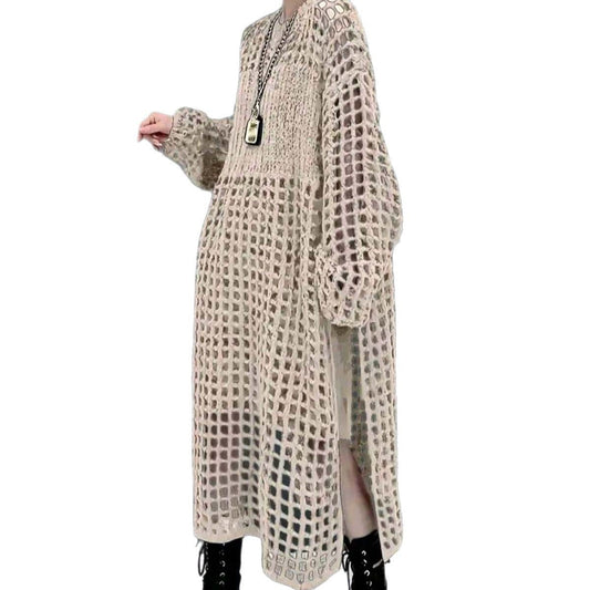 Robe ample en maille creuse à col rond et pull à fente haute