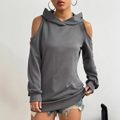 Pull à capuche à épaules dénudées de couleur unie