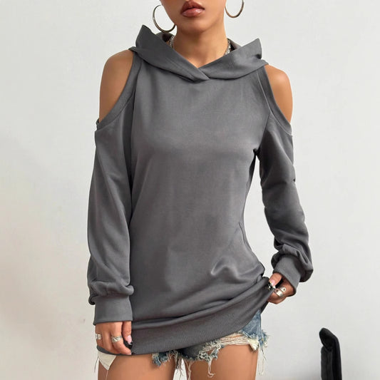 Pull à capuche à épaules dénudées de couleur unie