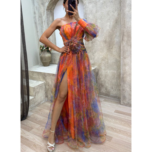 Nouvelle robe de soirée en maille à épaules inclinées, jupe longue décontractée et tendance