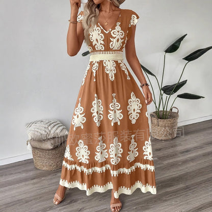 Robe trapèze ample à col en V et imprimé
