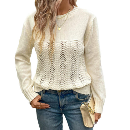 Pull col rond ajouré couleur unie pour femme