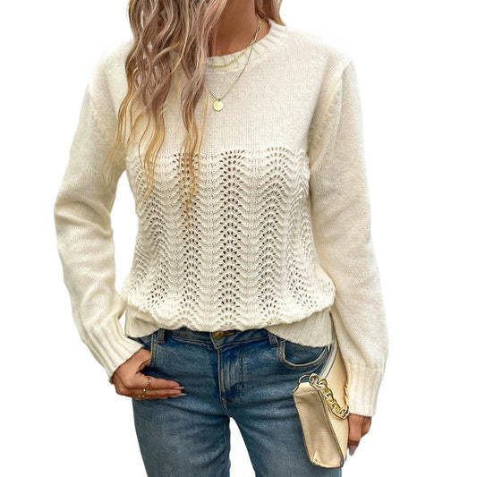 Pull col rond ajouré couleur unie pour femme