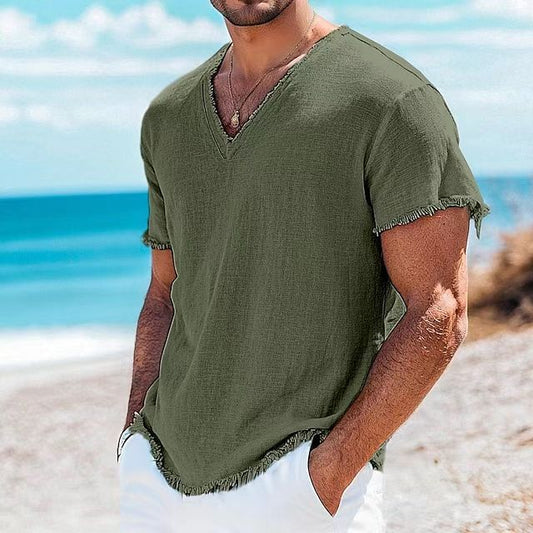 T-shirt à manches courtes en coton et lin couleur unie