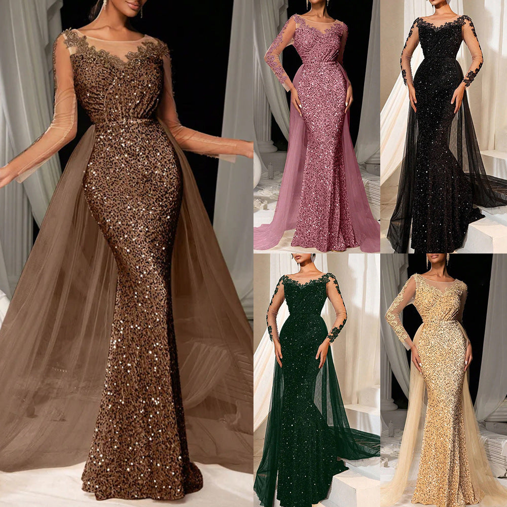 Robe de soirée ornée de paillette en dentelle