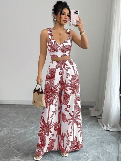 Ensemble à bretelles et col en V, pantalon ample