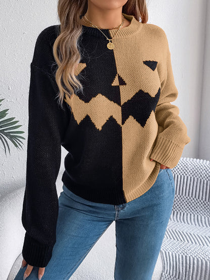 Pull contrastée motif citrouille fantôme