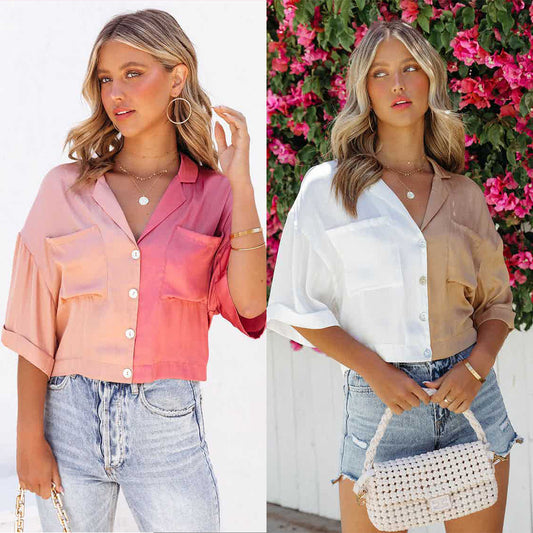 Chemise à manches mi-longues et contraste de couleurs tendance