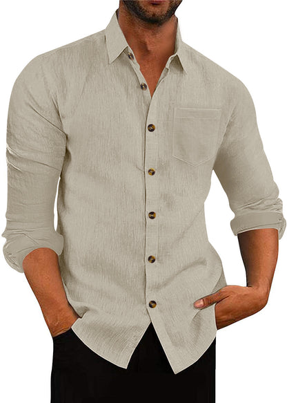 Chemise à manches longues et col polo en lin, ample et décontracté