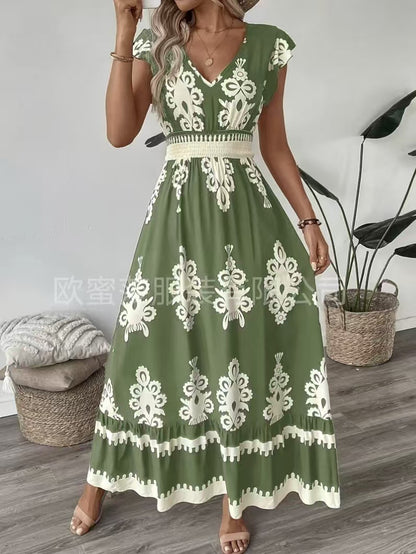 Robe trapèze ample à col en V et imprimé