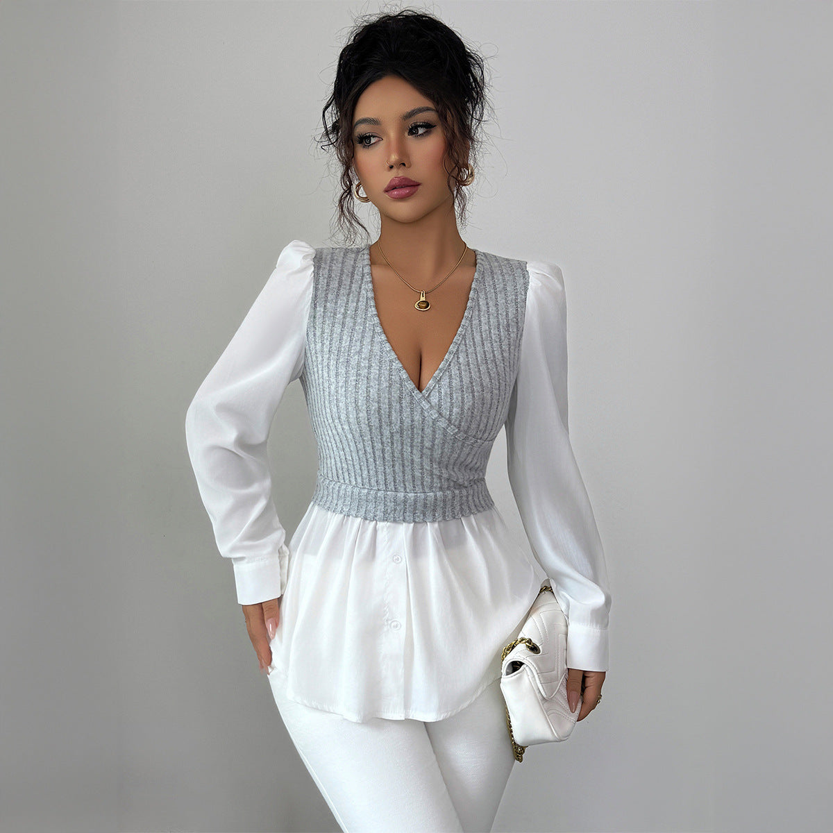 Chemise élégante à manches longues et coutures apparentes
