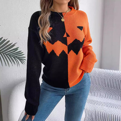 Pull contrastée motif citrouille fantôme