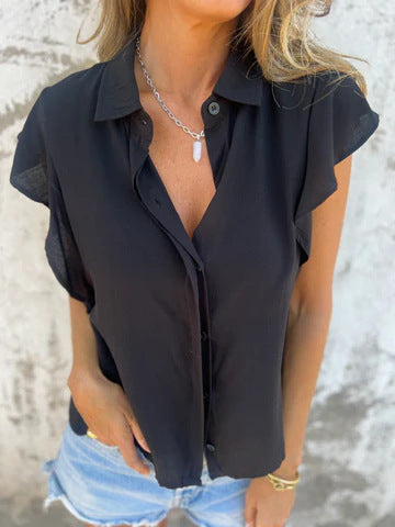 Chemise décontractée en satin de couleur unie à manches courtes et boutons amples