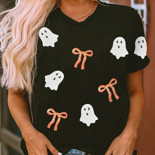T-shirt Halloween à patch fantôme avec nœud à paillettes noir