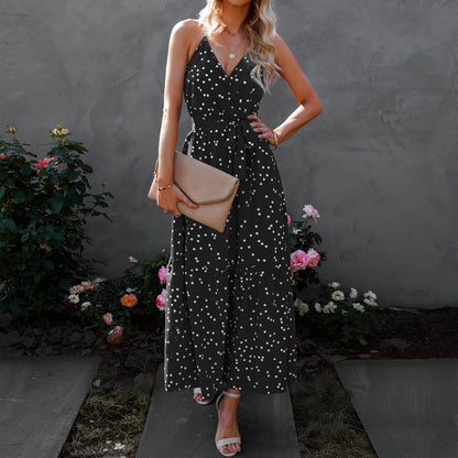 Robe longue à pois et col en V