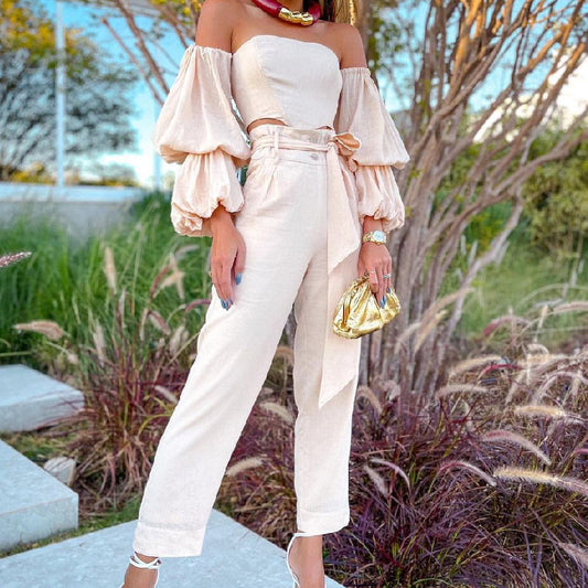 Ensemble pantalon en coton et lin, épaules dénudées
