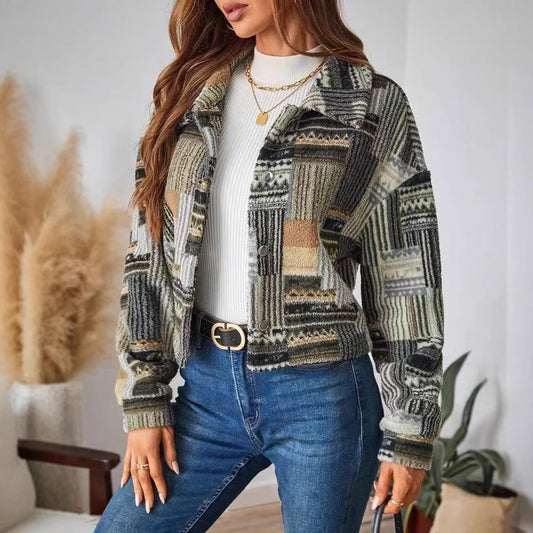 Veste imprimé double face à boutons en peluche, décontracté
