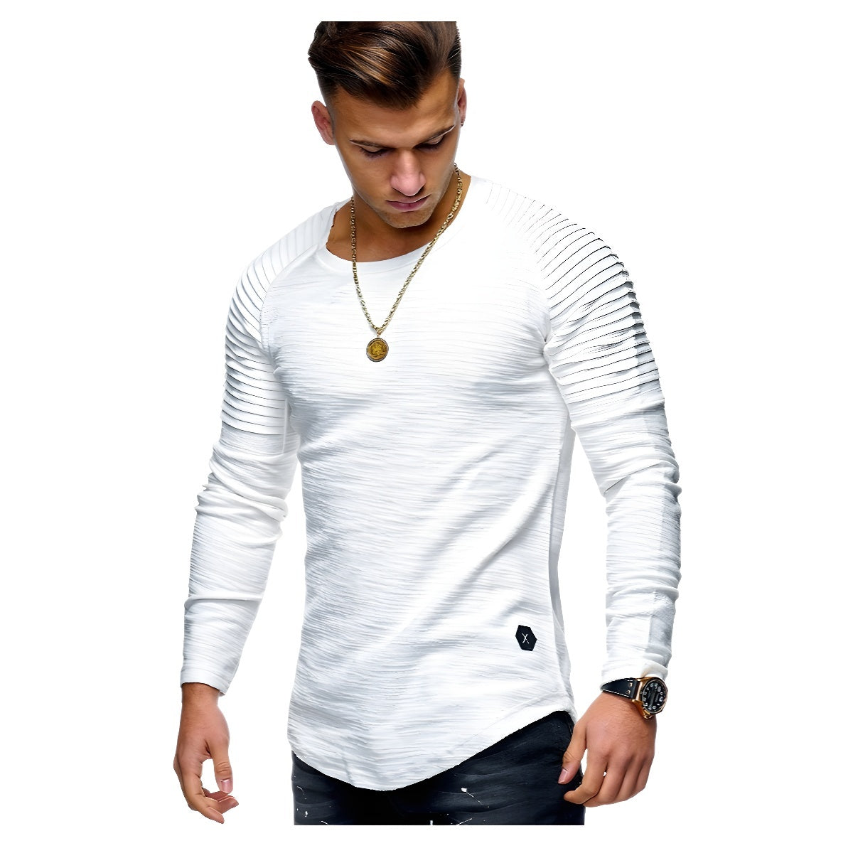 T-shir uni, coupe slim, col rond, manches longues